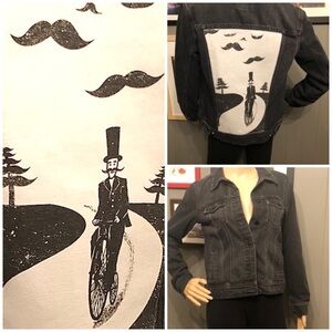 Mustache Motif Up-Cycled Black Denim Jacket Women’s Size Small